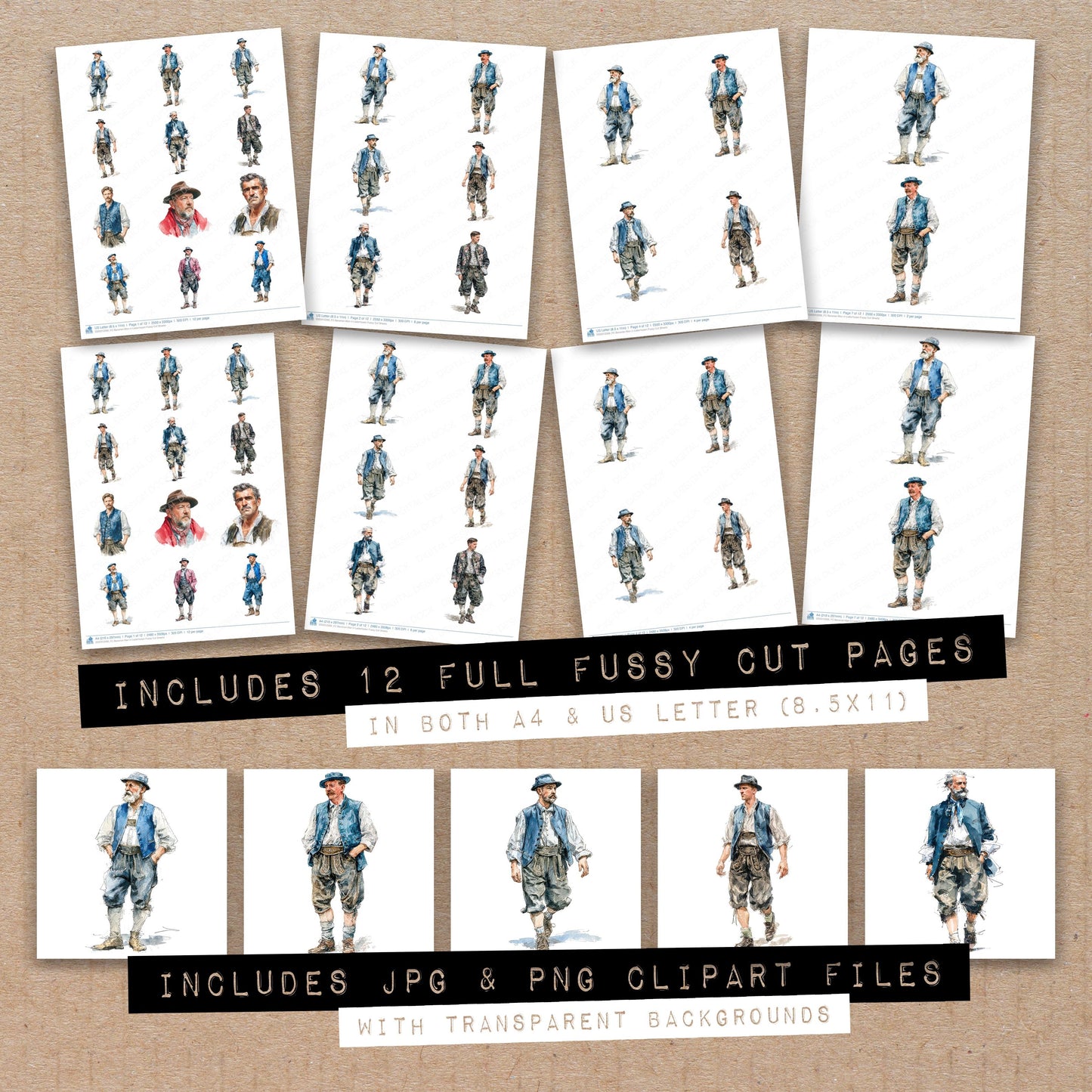 Full collection view of Bavarian Man in Lederhosen fussy cut sheets with bonus clipart JPG and PNG files