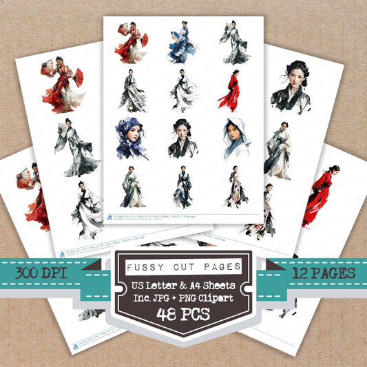 Chinese Woman in Hanfu fussy cut printable sheets for junk journaling, scrapbooking, and paper craft projects
