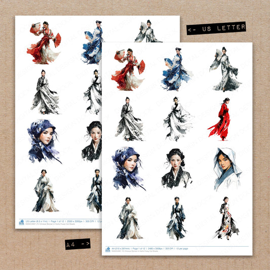 A4 and US Letter format comparison showing Chinese Woman in Hanfu fussy cut pages for print and cut crafting