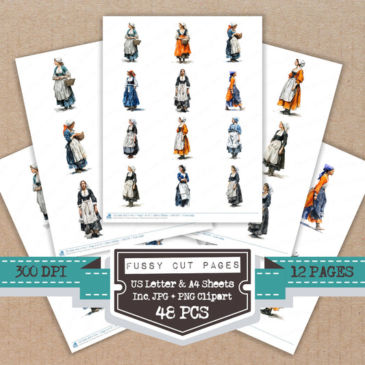 Dutch Woman in Traditional Dress fussy cut printable sheets for junk journaling, scrapbooking, and paper craft projects