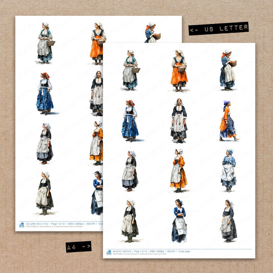 A4 and US Letter format comparison showing Dutch Woman in Traditional Dress fussy cut pages for print and cut crafting