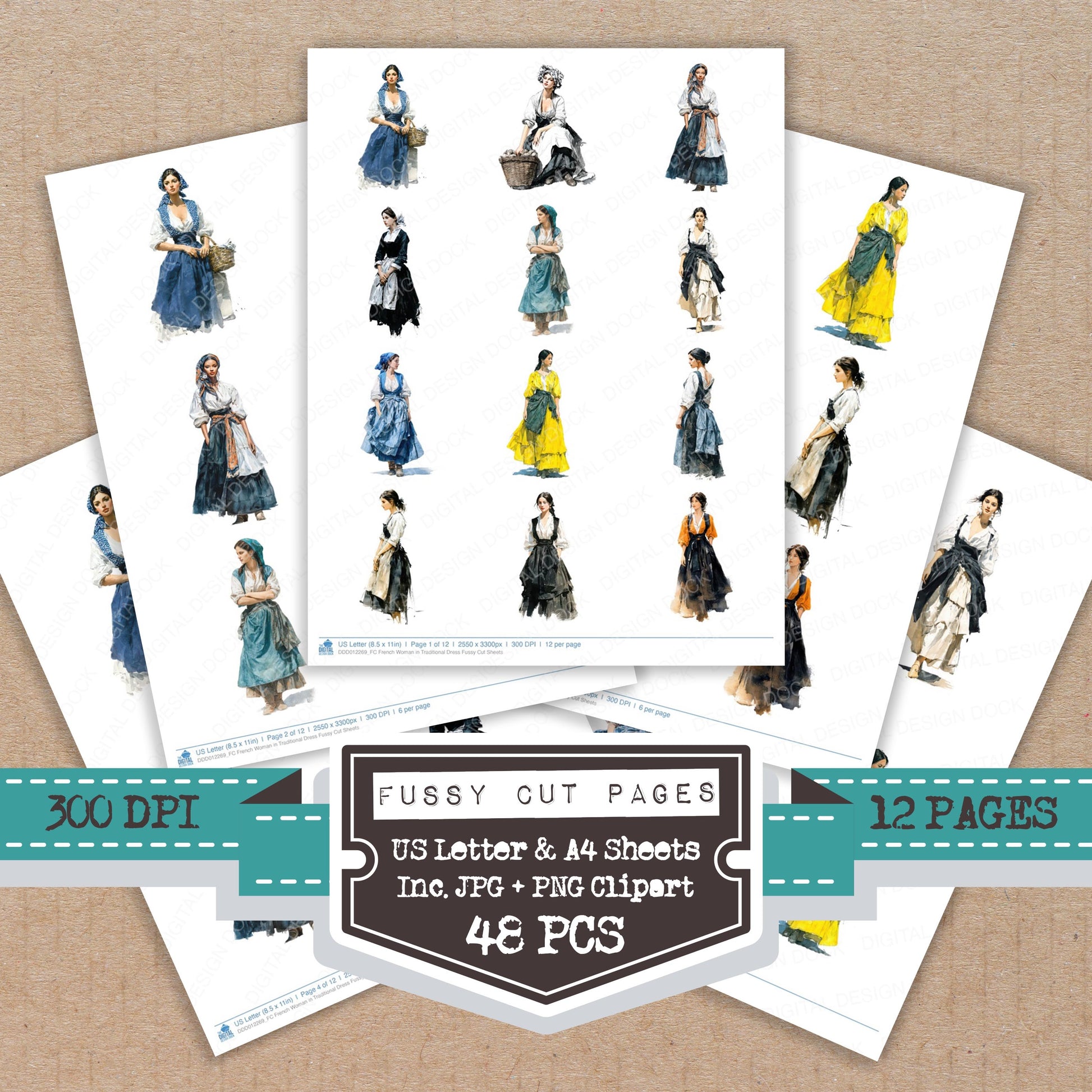 French Woman in Traditional Dress fussy cut printable sheets for junk journaling, scrapbooking, and paper craft projects