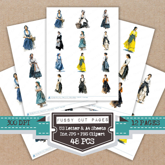 French Woman in Traditional Dress fussy cut printable sheets for junk journaling, scrapbooking, and paper craft projects