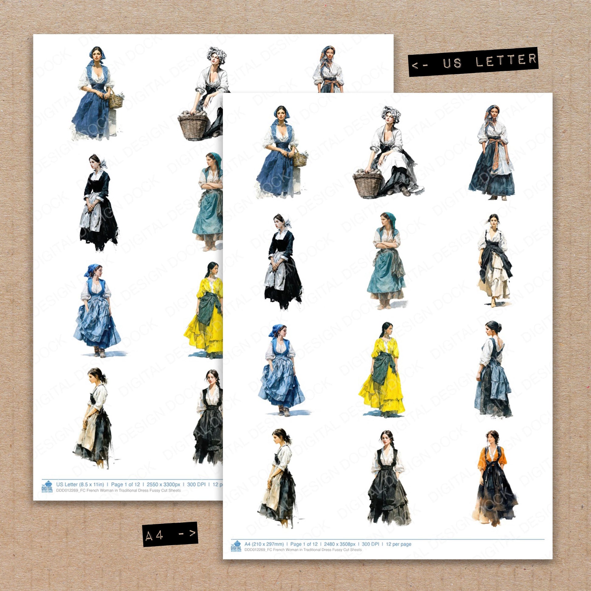 A4 and US Letter format comparison showing French Woman in Traditional Dress fussy cut pages for print and cut crafting