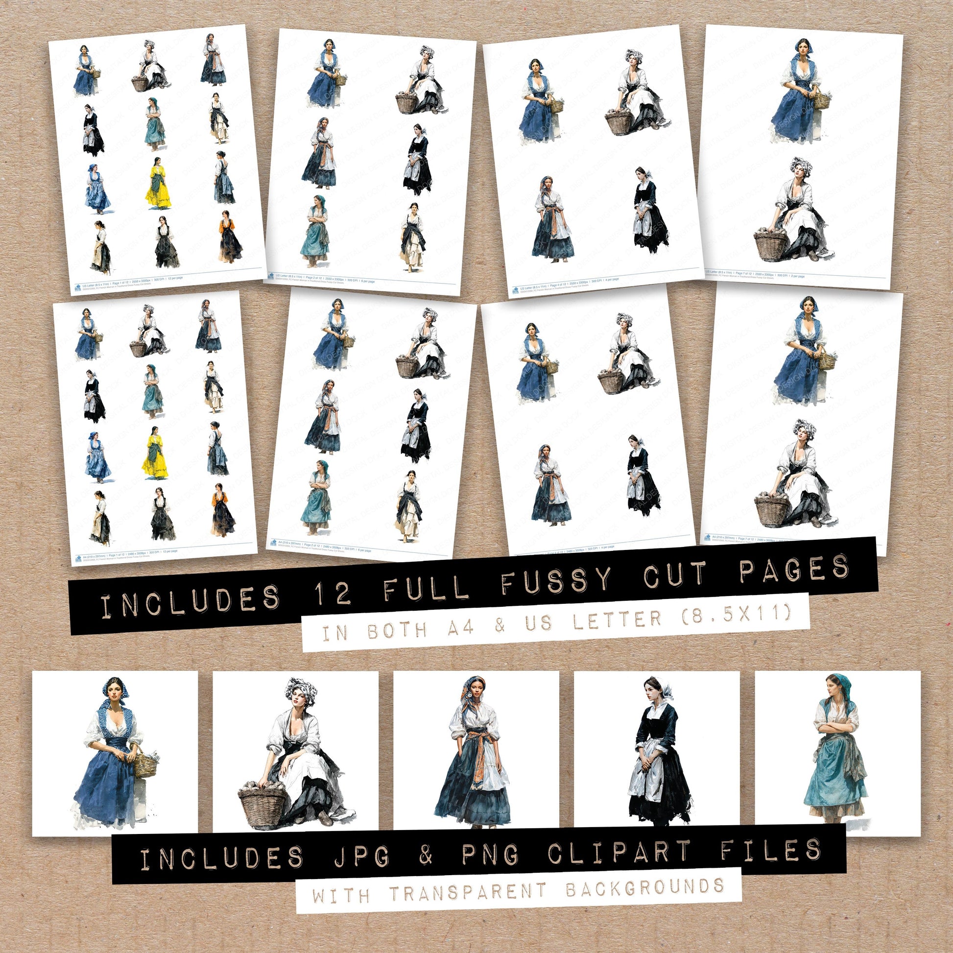 Full collection view of French Woman in Traditional Dress fussy cut sheets with bonus clipart JPG and PNG files
