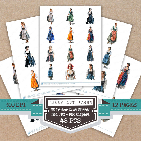 German Woman in Dirndl fussy cut printable sheets for junk journaling, scrapbooking, and paper craft projects