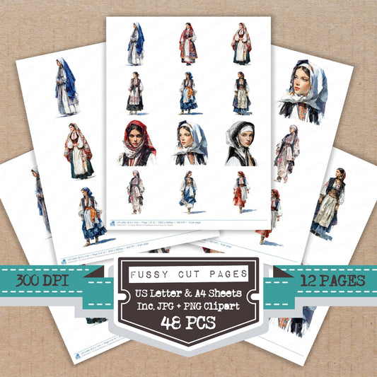 Greek Woman in Traditional Dress fussy cut printable sheets for junk journaling, scrapbooking, and paper craft projects