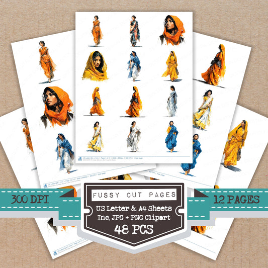 Indian Woman in Sari fussy cut printable sheets for junk journaling, scrapbooking, and paper craft projects