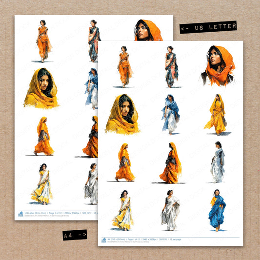 A4 and US Letter format comparison showing Indian Woman in Sari fussy cut pages for print and cut crafting