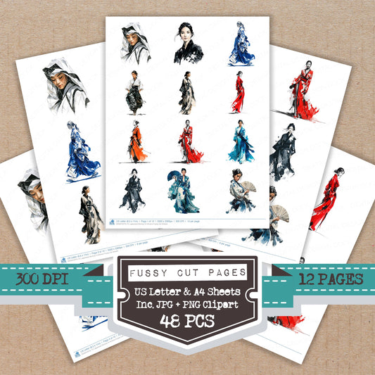 Japanese Woman in Kimono fussy cut printable sheets for junk journaling, scrapbooking, and paper craft projects