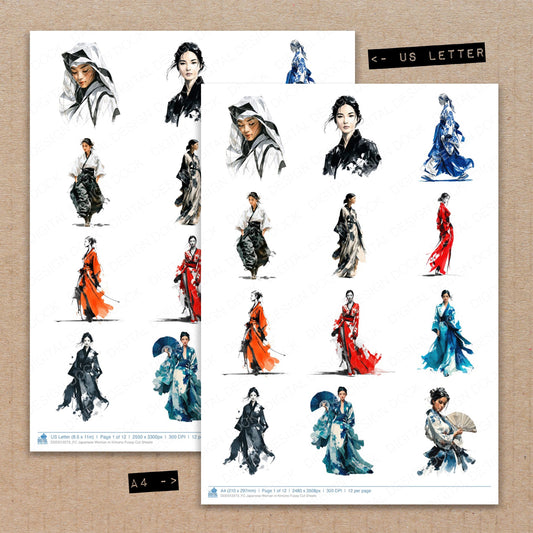 A4 and US Letter format comparison showing Japanese Woman in Kimono fussy cut pages for print and cut crafting