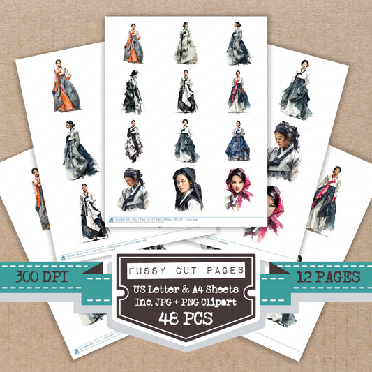 Korean Woman in Hanbok fussy cut printable sheets for junk journaling, scrapbooking, and paper craft projects