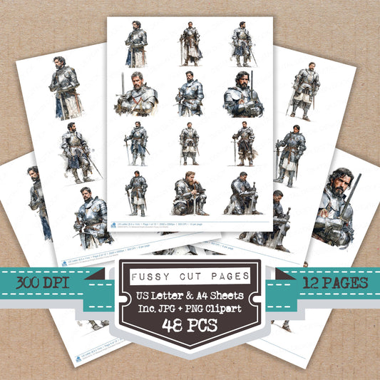 Medieval Knight Illustration fussy cut printable sheets for junk journaling, scrapbooking, and paper craft projects