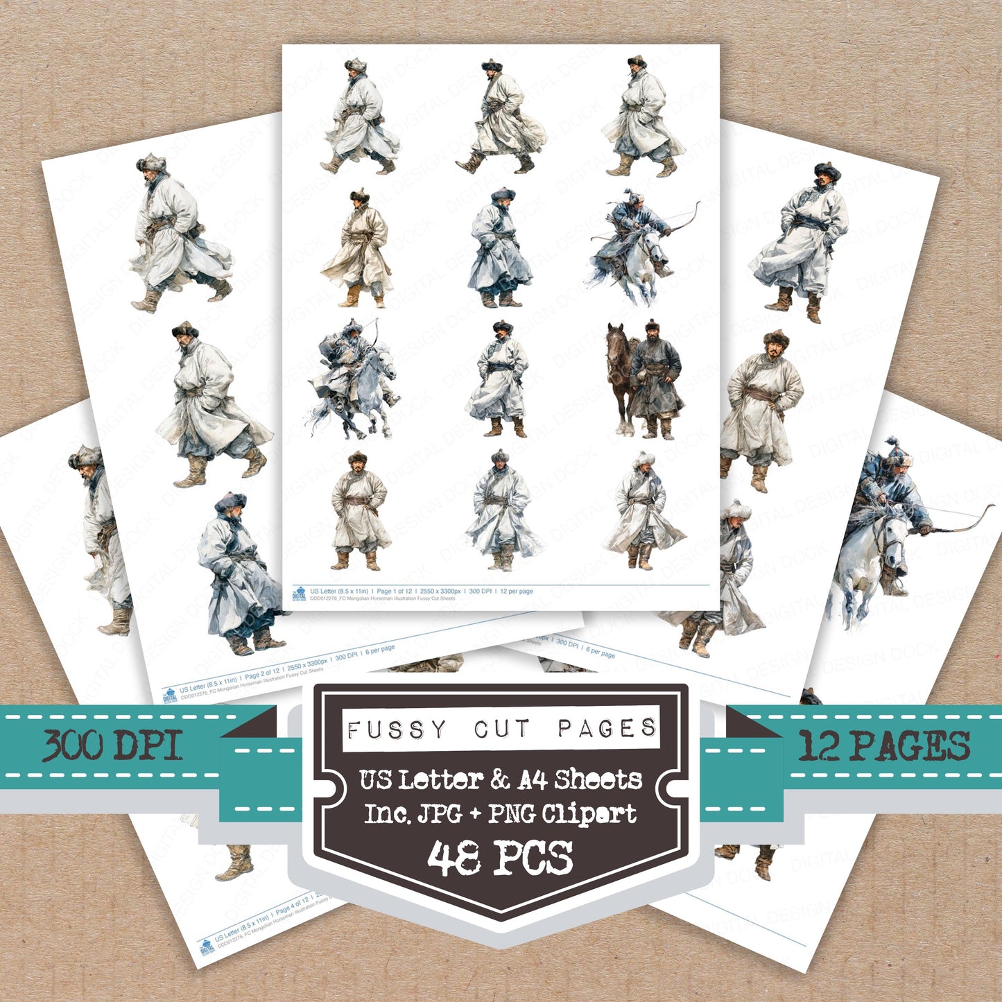 Mongolian Horseman Illustration fussy cut printable sheets for junk journaling, scrapbooking, and paper craft projects