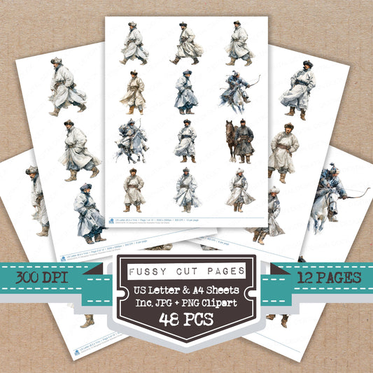 Mongolian Horseman Illustration fussy cut printable sheets for junk journaling, scrapbooking, and paper craft projects