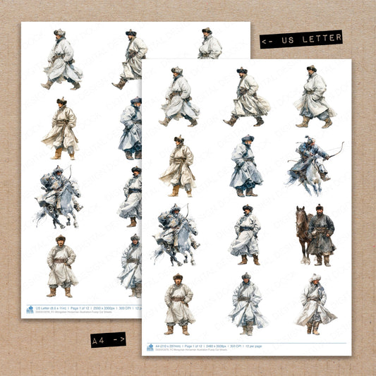 A4 and US Letter format comparison showing Mongolian Horseman Illustration fussy cut pages for print and cut crafting