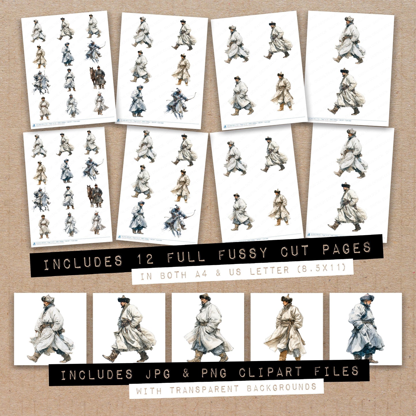 Full collection view of Mongolian Horseman Illustration fussy cut sheets with bonus clipart JPG and PNG files