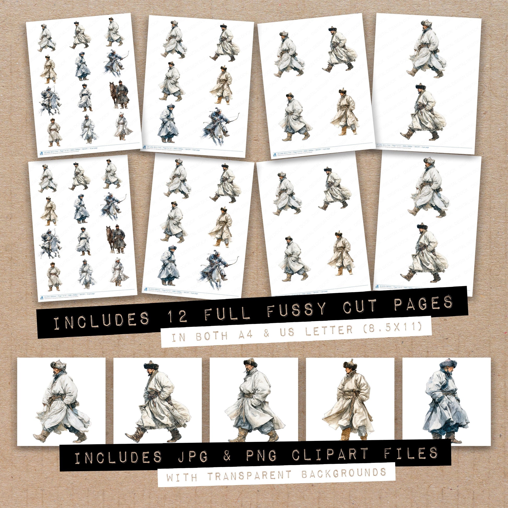 Full collection view of Mongolian Horseman Illustration fussy cut sheets with bonus clipart JPG and PNG files