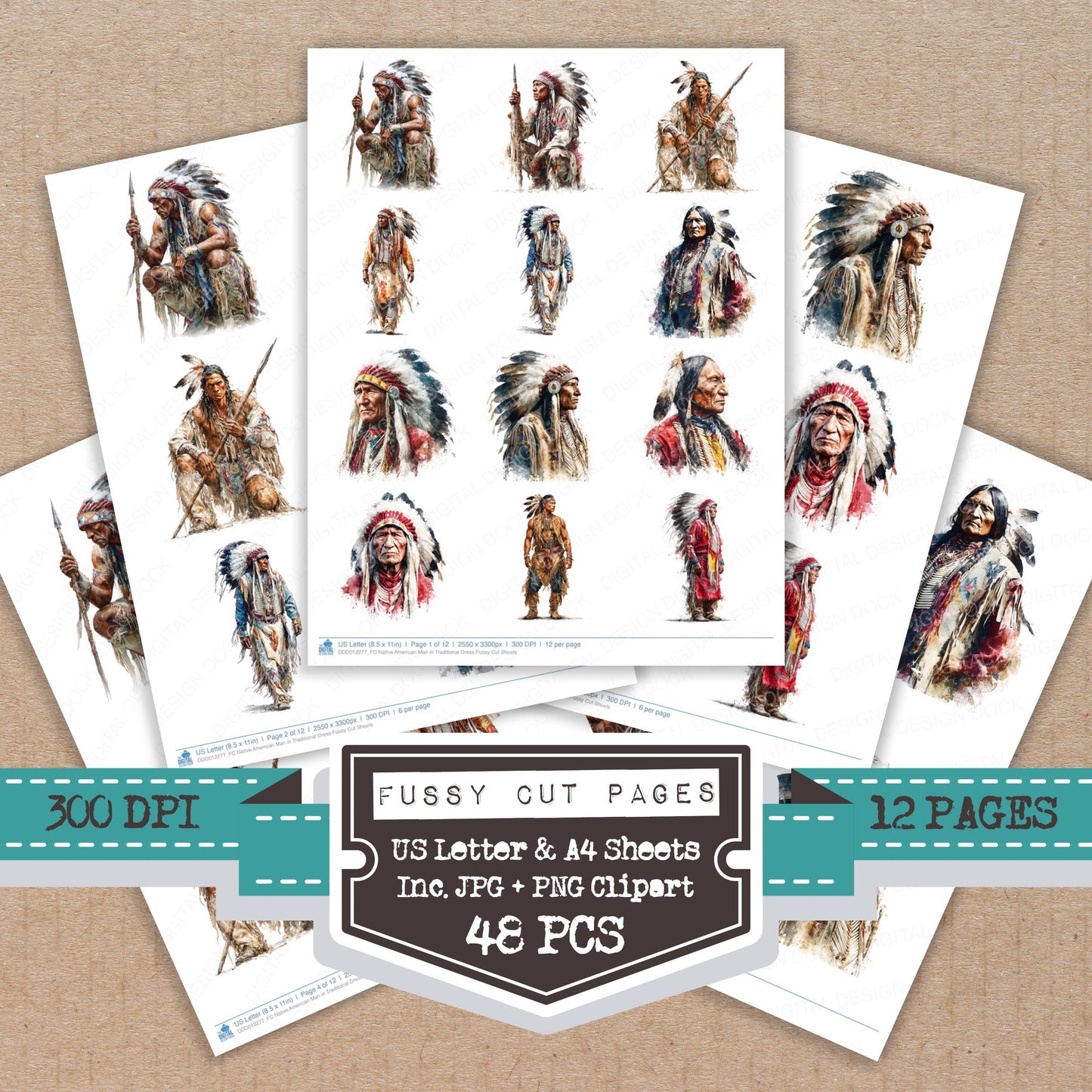 Native American Man in Traditional Dress fussy cut printable sheets for junk journaling, scrapbooking, and paper craft projects