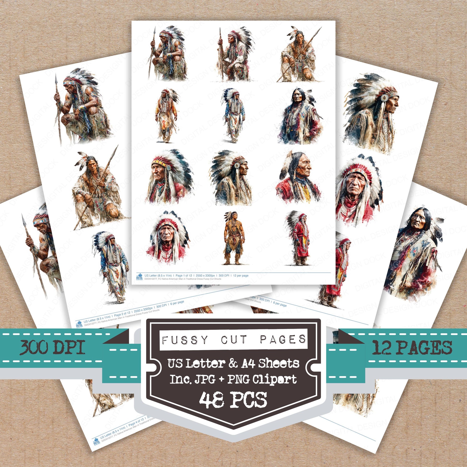 Native American Man in Traditional Dress fussy cut printable sheets for junk journaling, scrapbooking, and paper craft projects