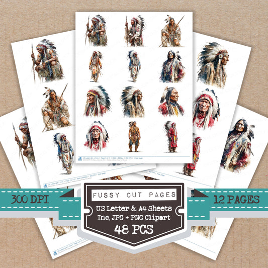 Native American Man in Traditional Dress fussy cut printable sheets for junk journaling, scrapbooking, and paper craft projects