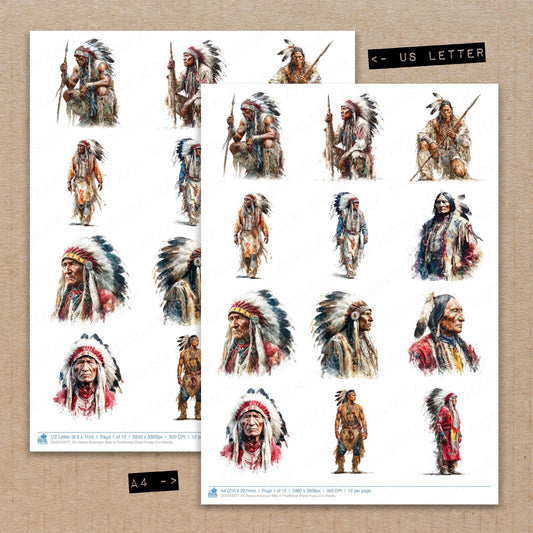 A4 and US Letter format comparison showing Native American Man in Traditional Dress fussy cut pages for print and cut crafting