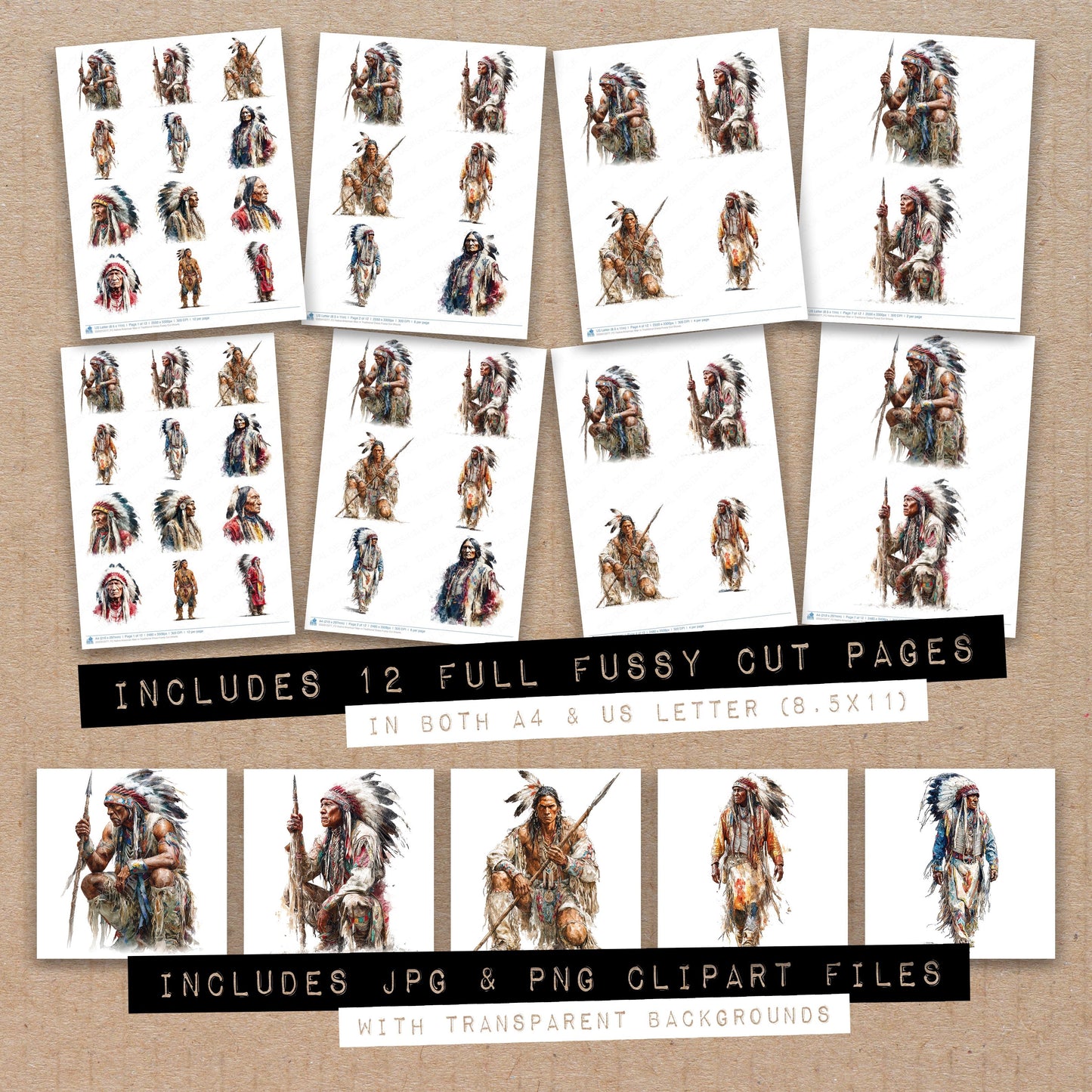 Full collection view of Native American Man in Traditional Dress fussy cut sheets with bonus clipart JPG and PNG files