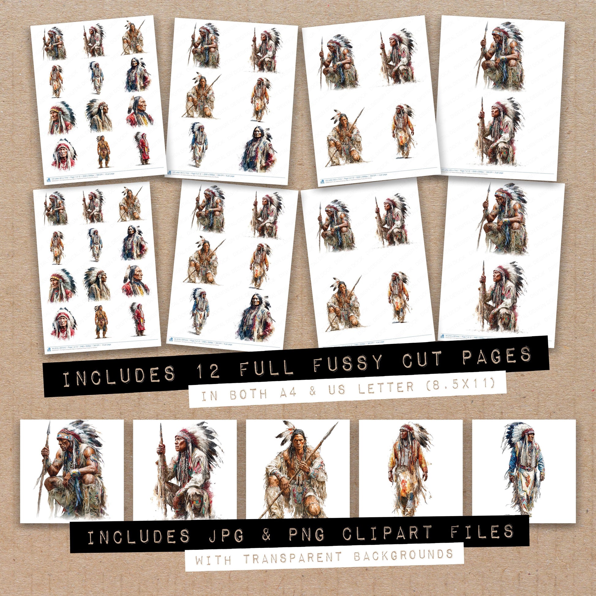 Full collection view of Native American Man in Traditional Dress fussy cut sheets with bonus clipart JPG and PNG files