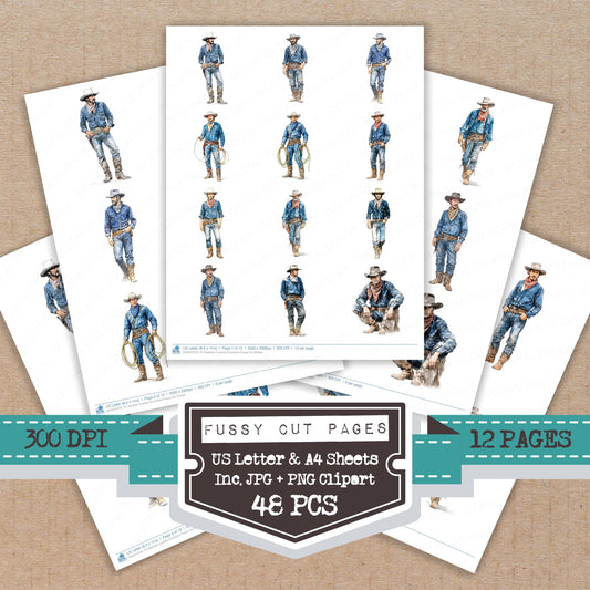 Realistic Cowboy Illustration fussy cut printable sheets for junk journaling, scrapbooking, and paper craft projects