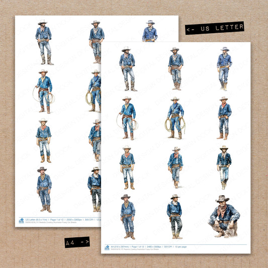 A4 and US Letter format comparison showing Realistic Cowboy Illustration fussy cut pages for print and cut crafting