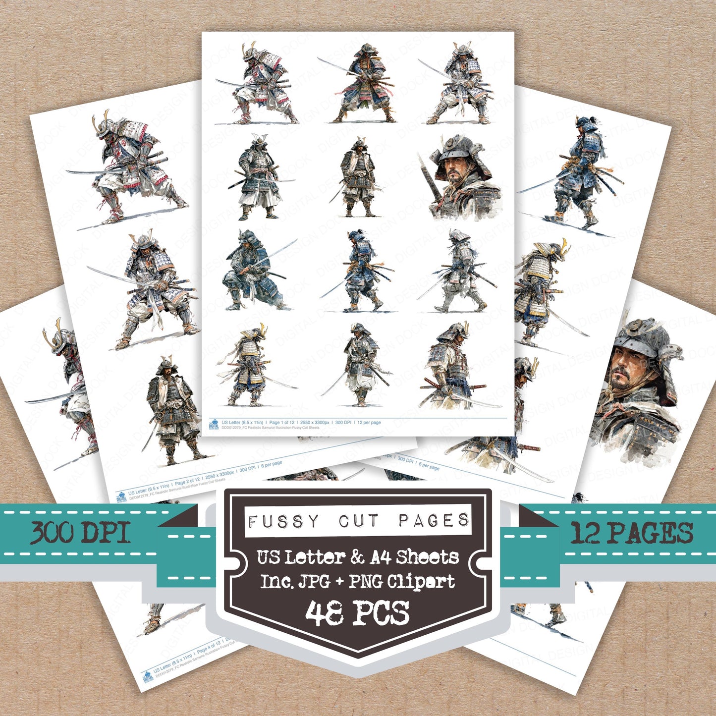 Realistic Samurai Illustration fussy cut printable sheets for junk journaling, scrapbooking, and paper craft projects