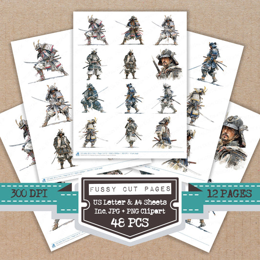 Realistic Samurai Illustration fussy cut printable sheets for junk journaling, scrapbooking, and paper craft projects
