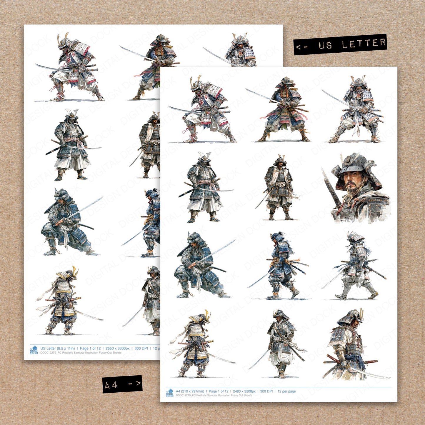 A4 and US Letter format comparison showing Realistic Samurai Illustration fussy cut pages for print and cut crafting