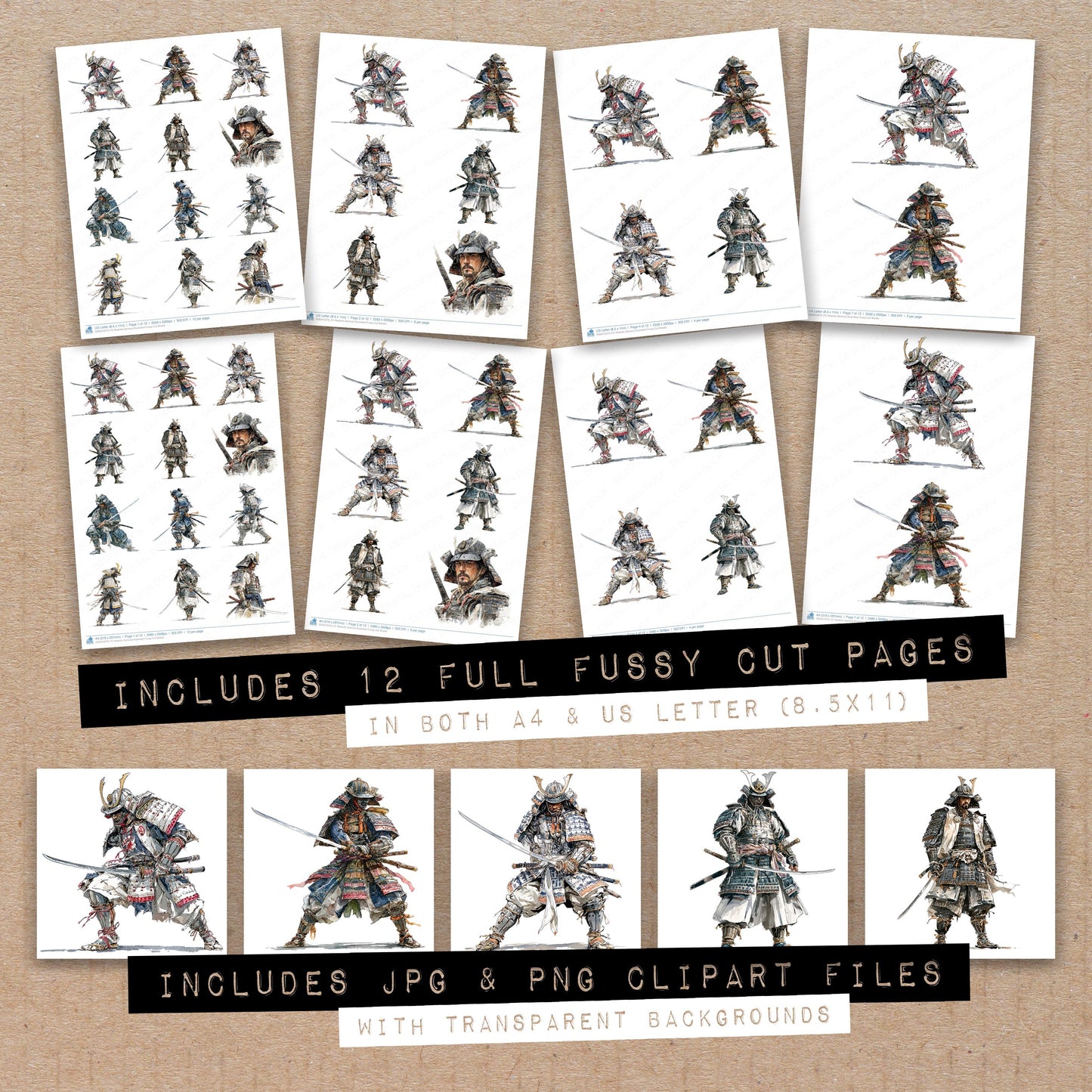 Full collection view of Realistic Samurai Illustration fussy cut sheets with bonus clipart JPG and PNG files