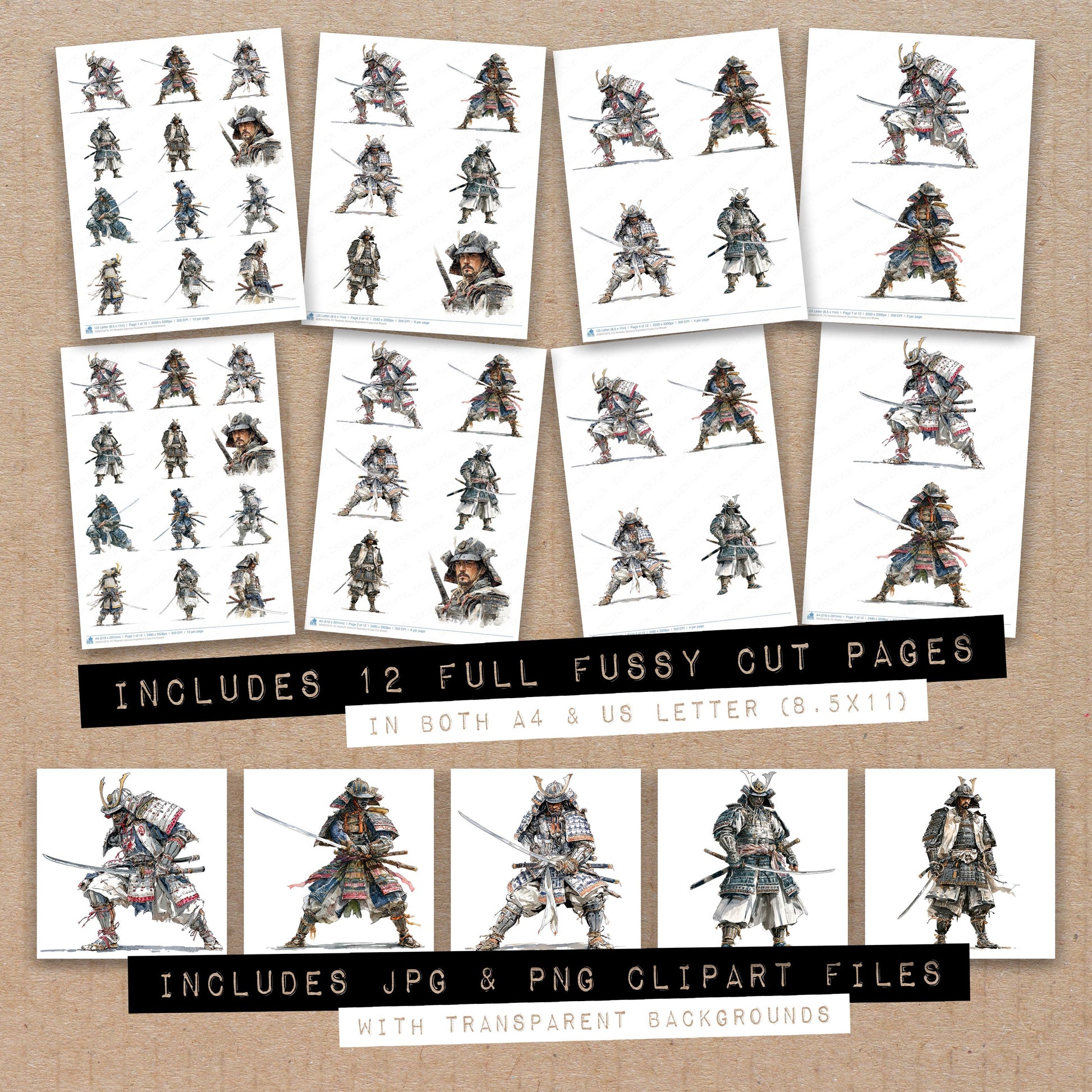 Full collection view of Realistic Samurai Illustration fussy cut sheets with bonus clipart JPG and PNG files