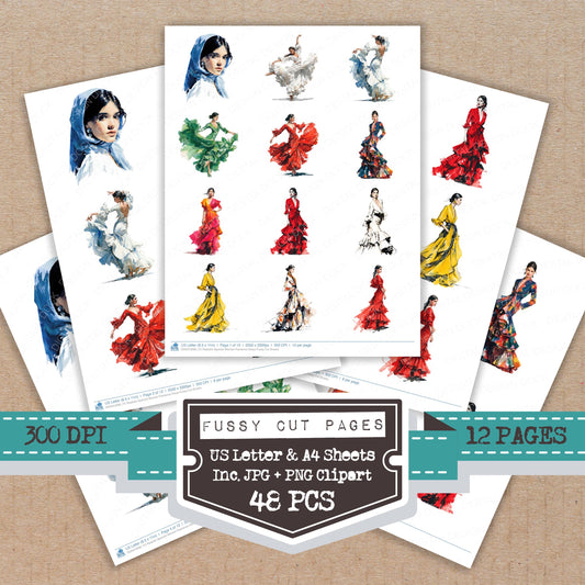 Realistic Spanish Woman Flamenco Dress fussy cut printable sheets for junk journaling, scrapbooking, and paper craft projects