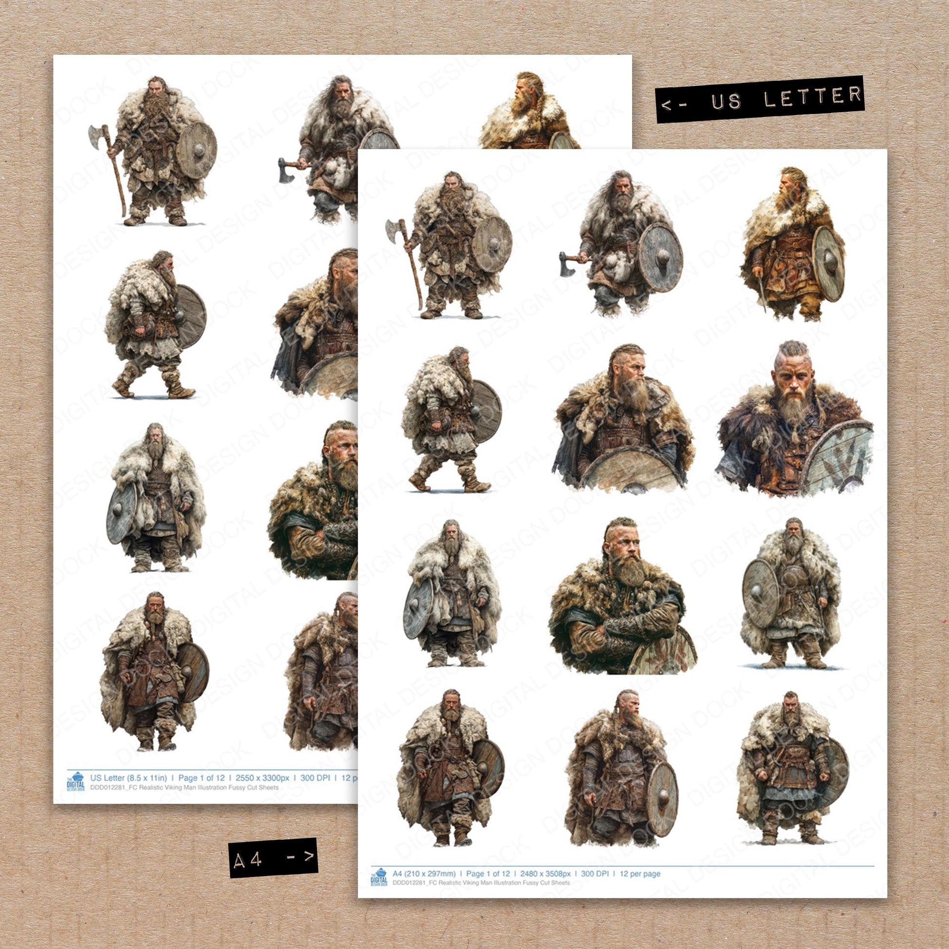A4 and US Letter format comparison showing Realistic Viking Man Illustration fussy cut pages for print and cut crafting