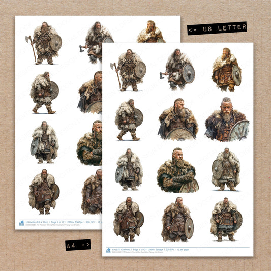 A4 and US Letter format comparison showing Realistic Viking Man Illustration fussy cut pages for print and cut crafting