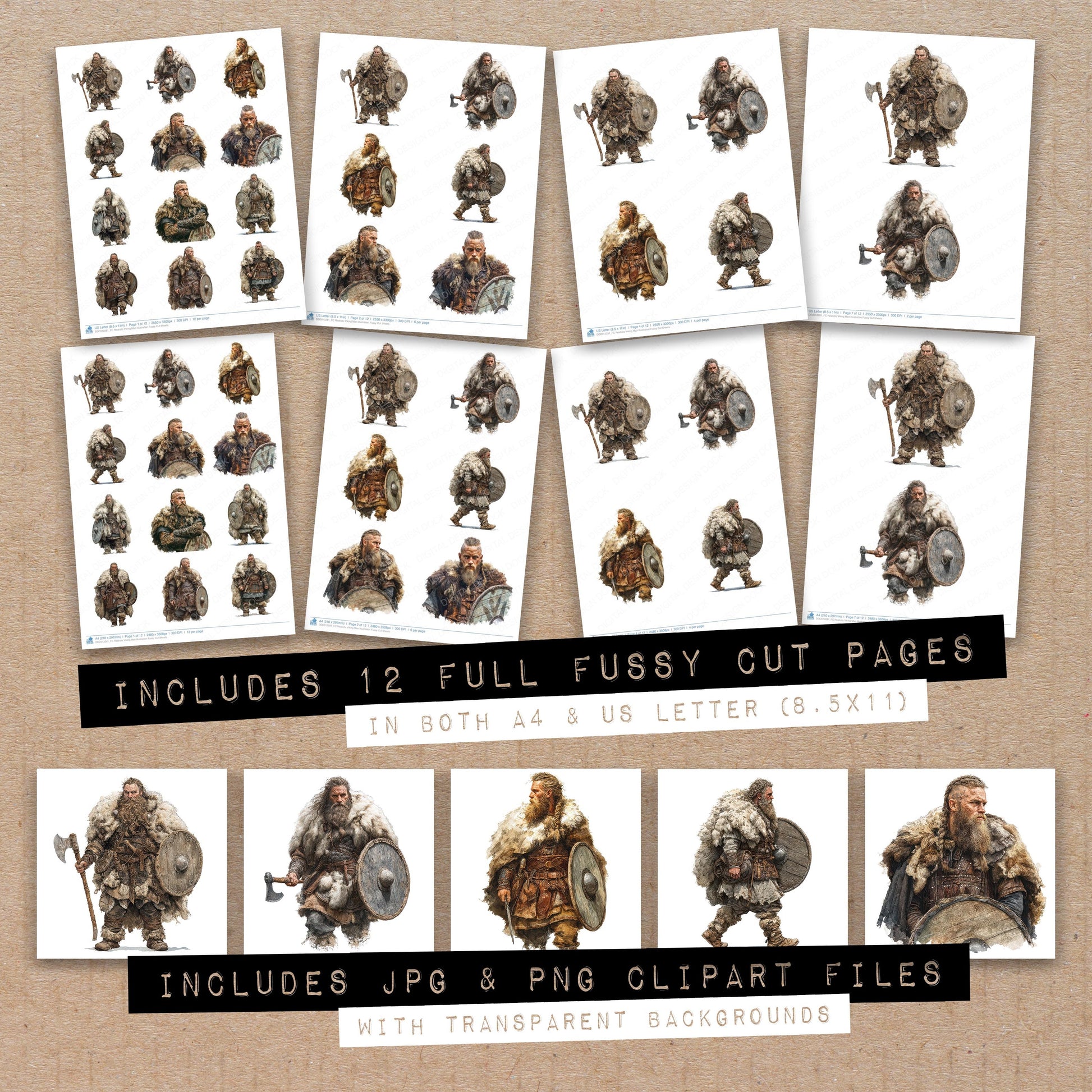 Full collection view of Realistic Viking Man Illustration fussy cut sheets with bonus clipart JPG and PNG files