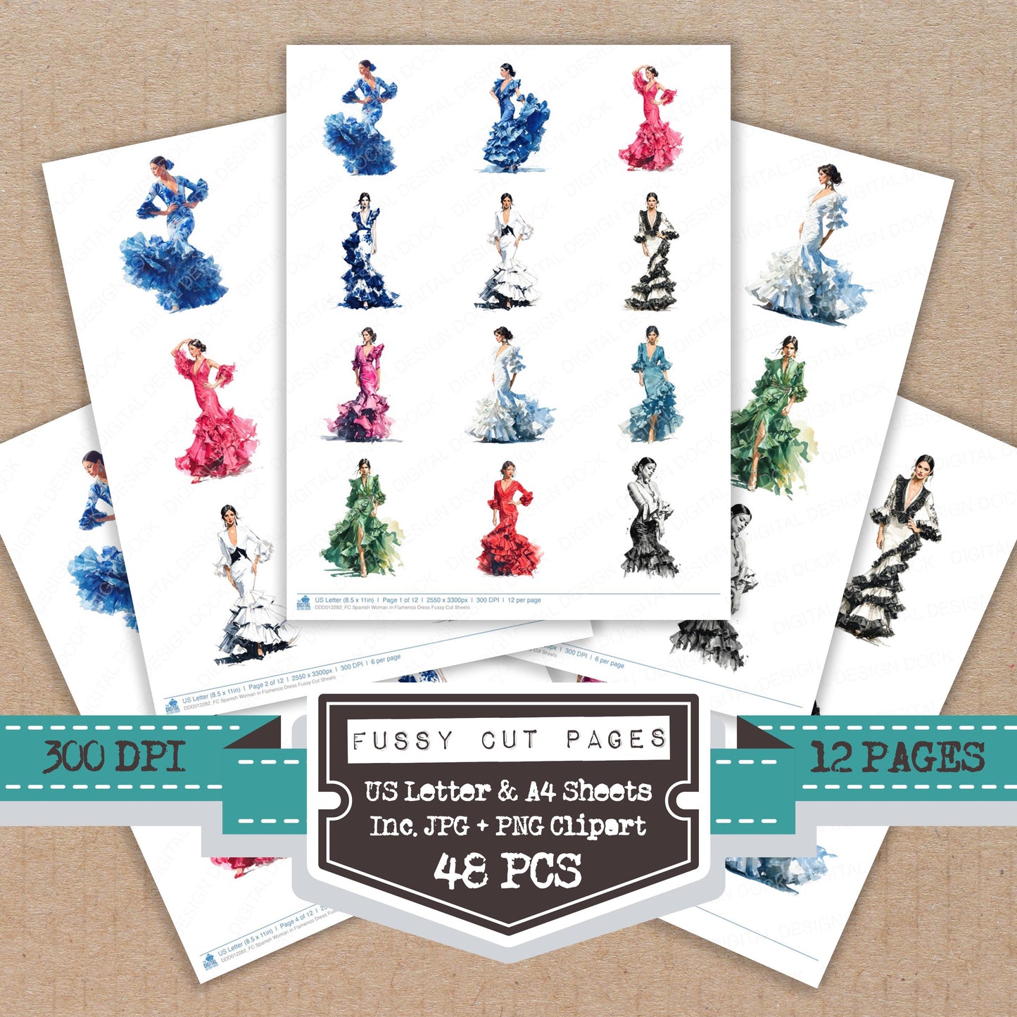 Spanish Woman in Flamenco Dress fussy cut printable sheets for junk journaling, scrapbooking, and paper craft projects