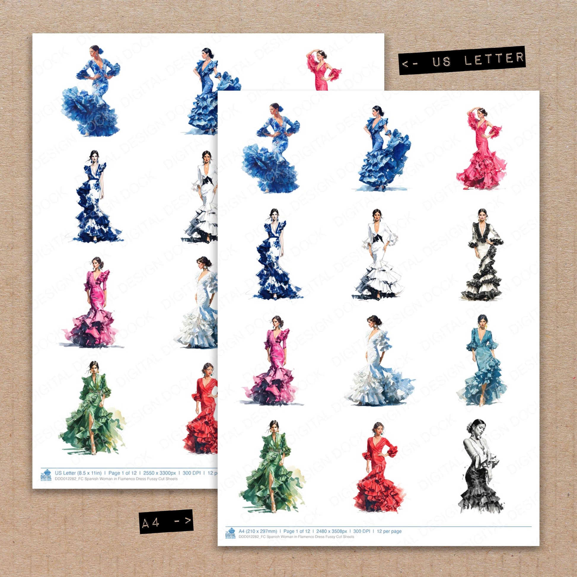 A4 and US Letter format comparison showing Spanish Woman in Flamenco Dress fussy cut pages for print and cut crafting