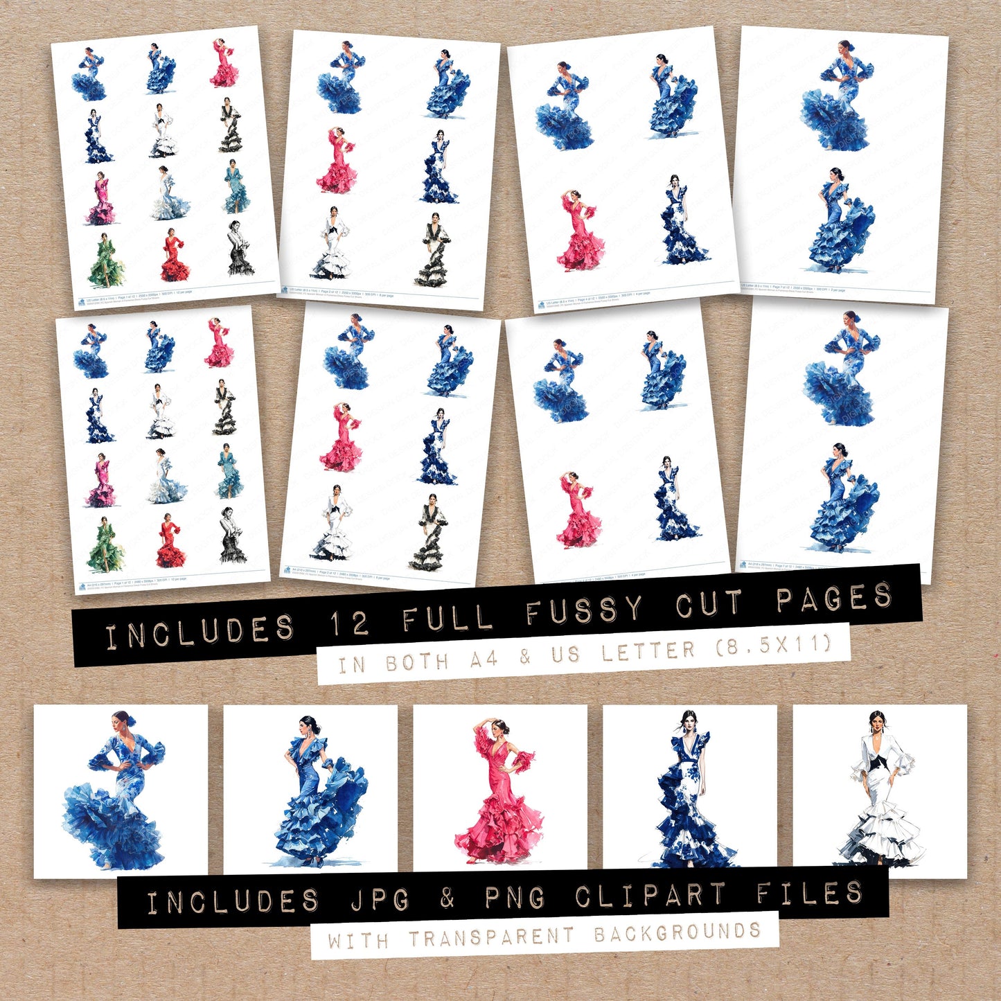 Full collection view of Spanish Woman in Flamenco Dress fussy cut sheets with bonus clipart JPG and PNG files