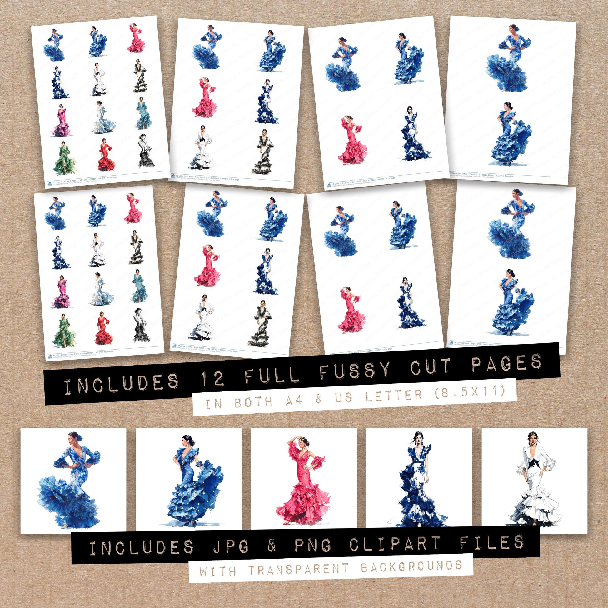 Full collection view of Spanish Woman in Flamenco Dress fussy cut sheets with bonus clipart JPG and PNG files