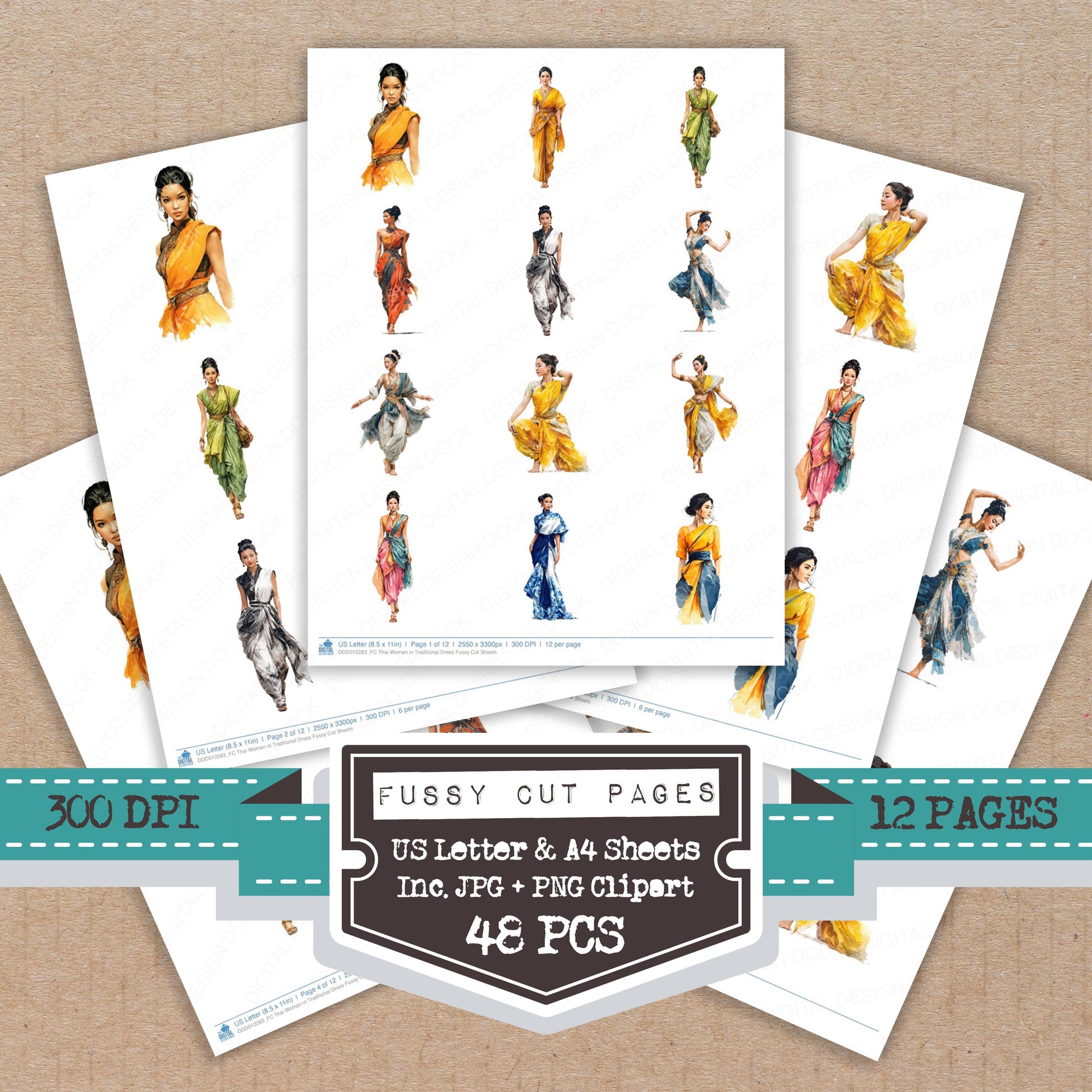 Thai Woman in Traditional Dress fussy cut printable sheets for junk journaling, scrapbooking, and paper craft projects