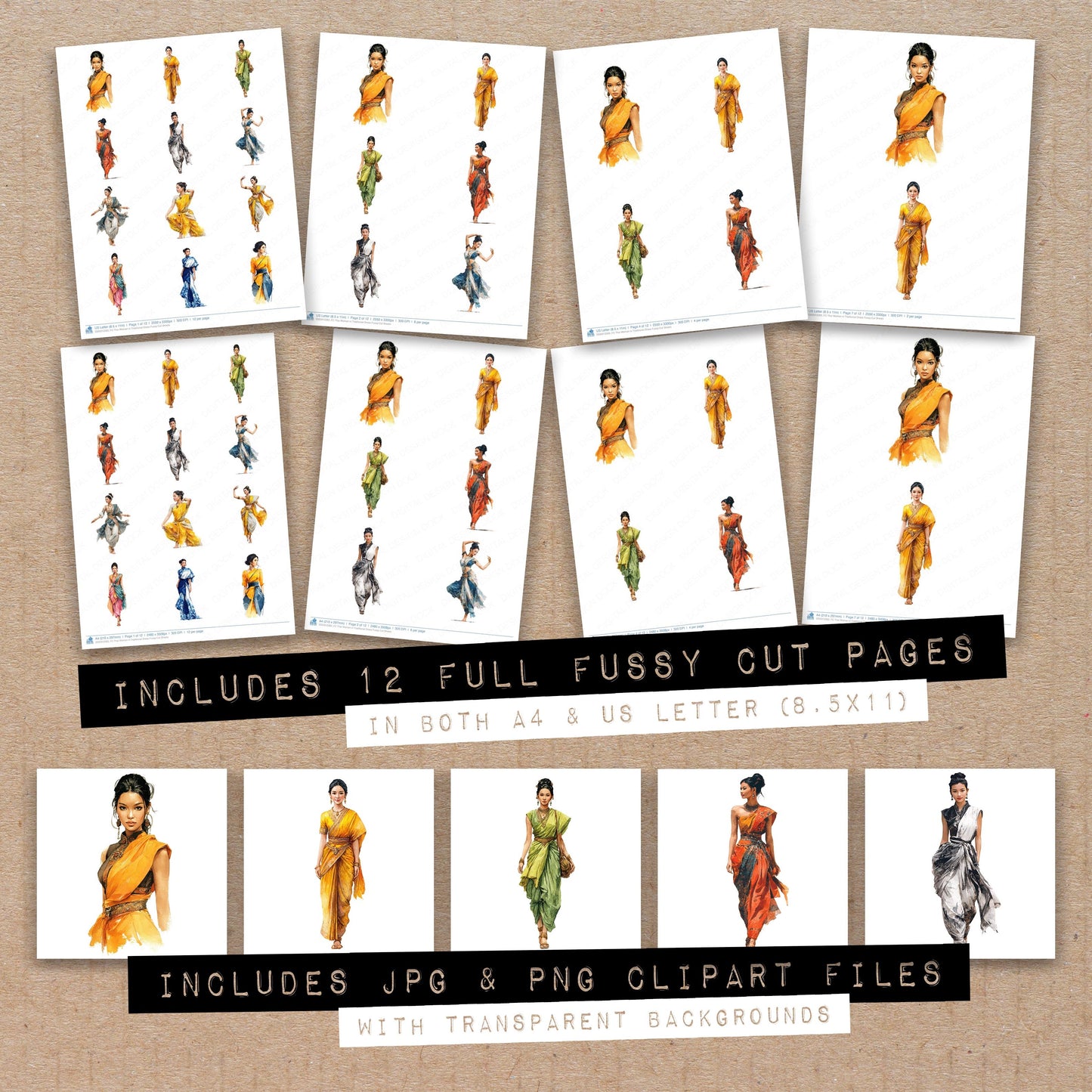 Full collection view of Thai Woman in Traditional Dress fussy cut sheets with bonus clipart JPG and PNG files