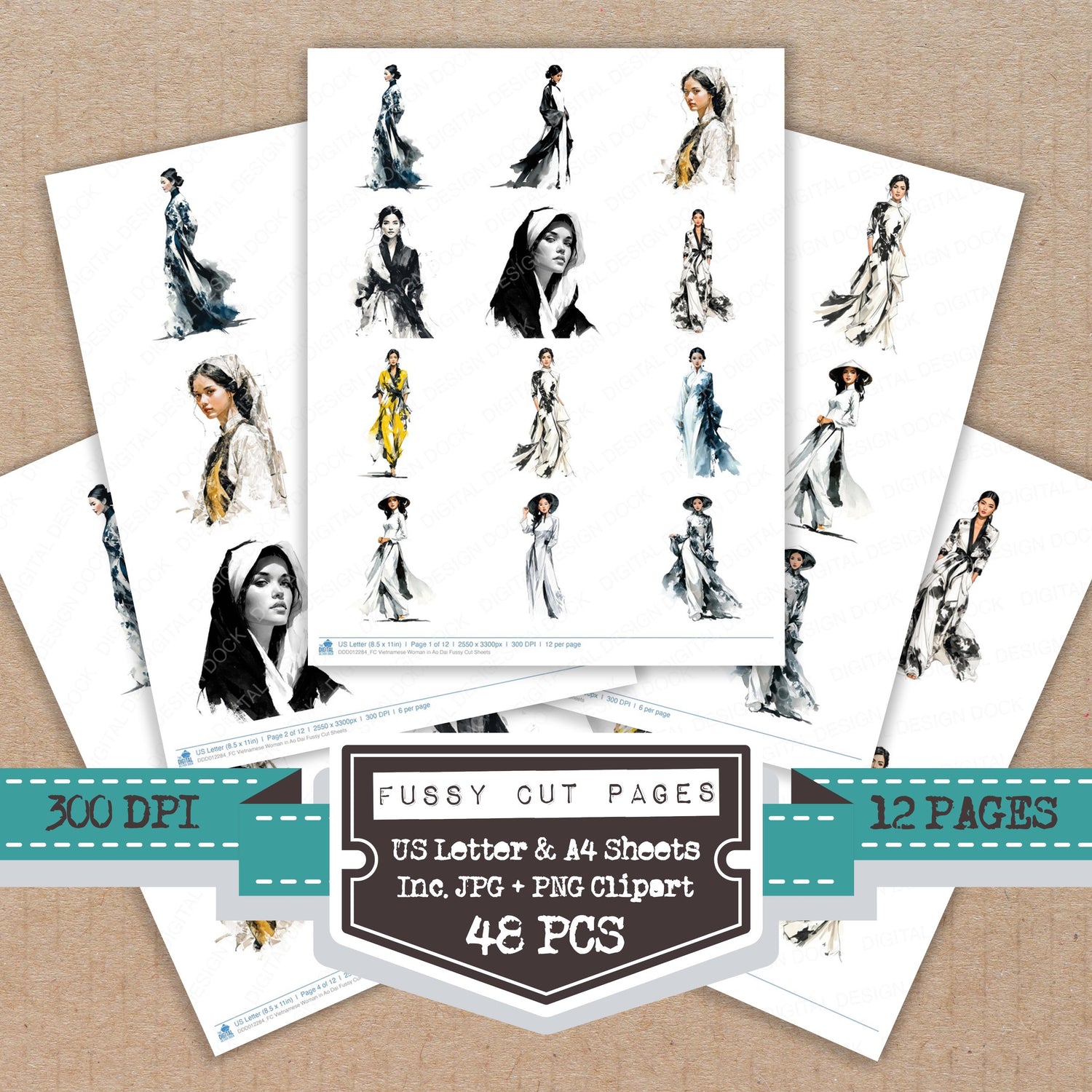 Vietnamese Woman in Ao Dai fussy cut printable sheets for junk journaling, scrapbooking, and paper craft projects