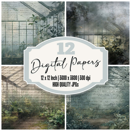 Old Abandoned Greenhouse Night Scene digital paper pack designed for background pages in junk journaling and paper craft projects