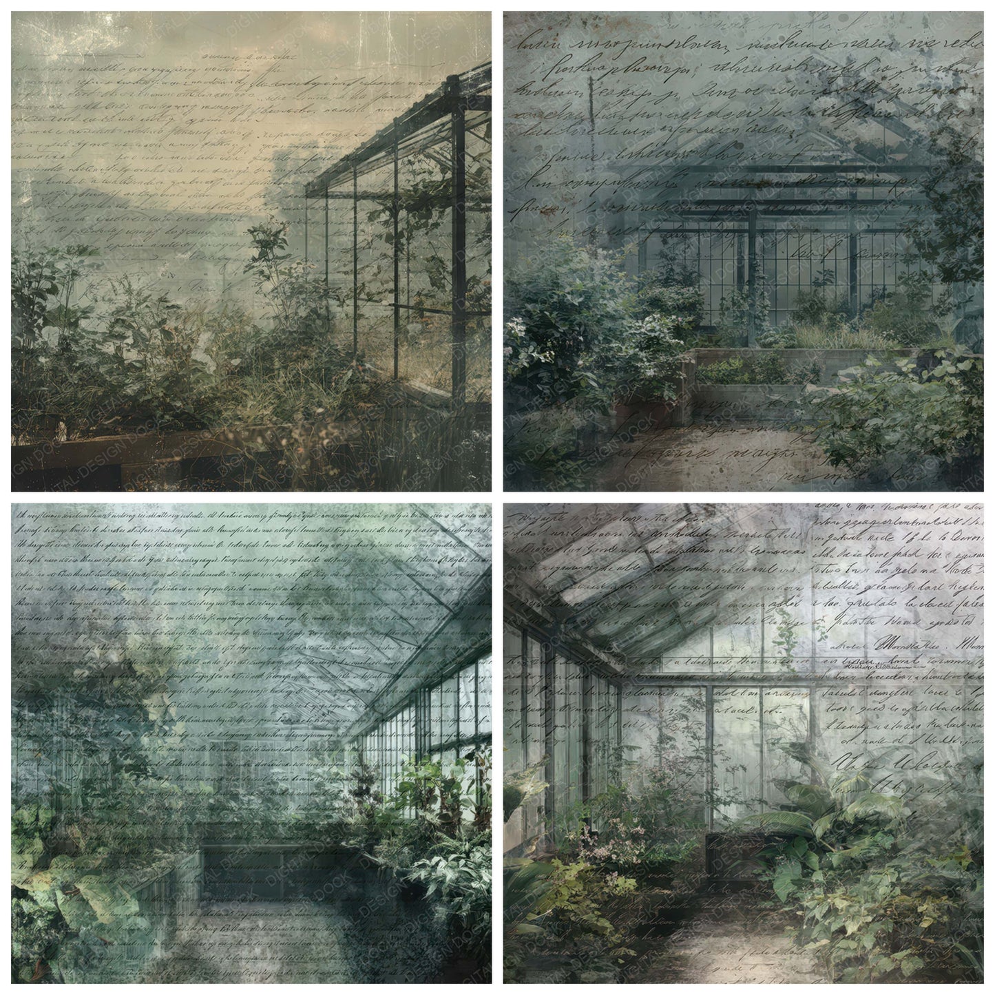 Preview layout showing Old Abandoned Greenhouse Night Scene papers arranged as background pages for junk journals and mixed media crafts