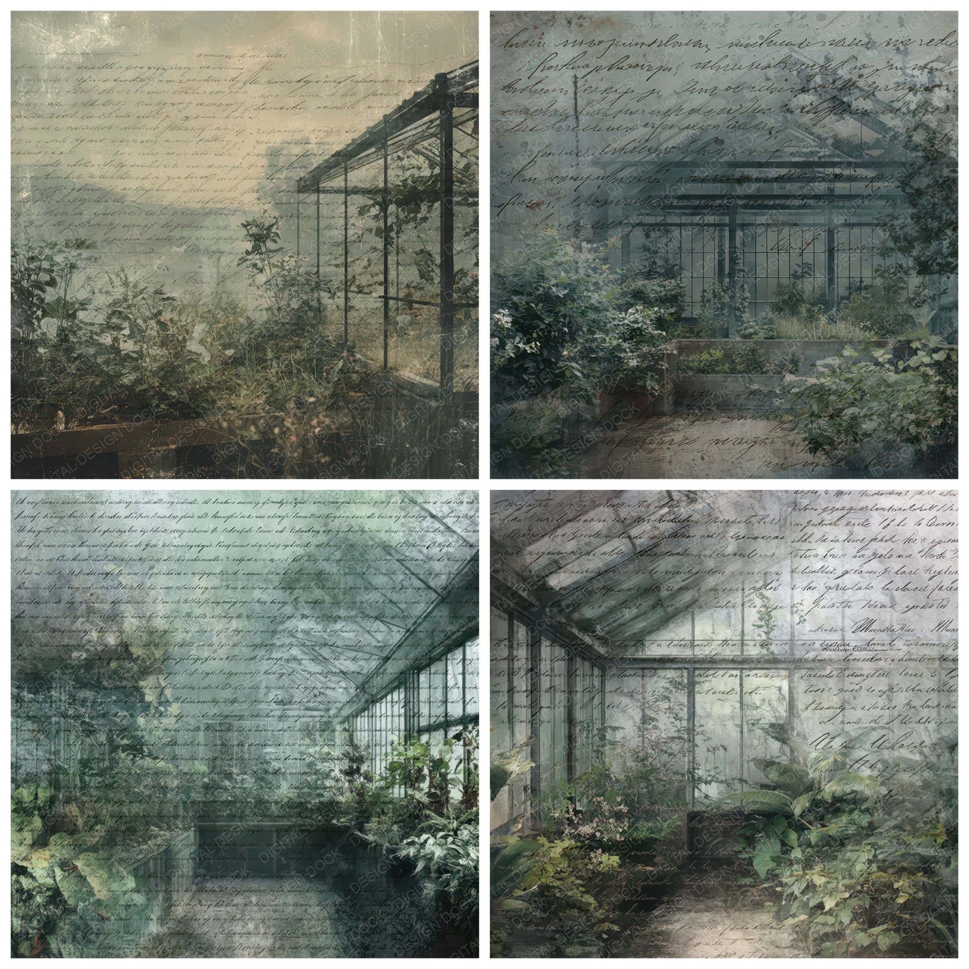 Preview layout showing Old Abandoned Greenhouse Night Scene papers arranged as background pages for junk journals and mixed media crafts