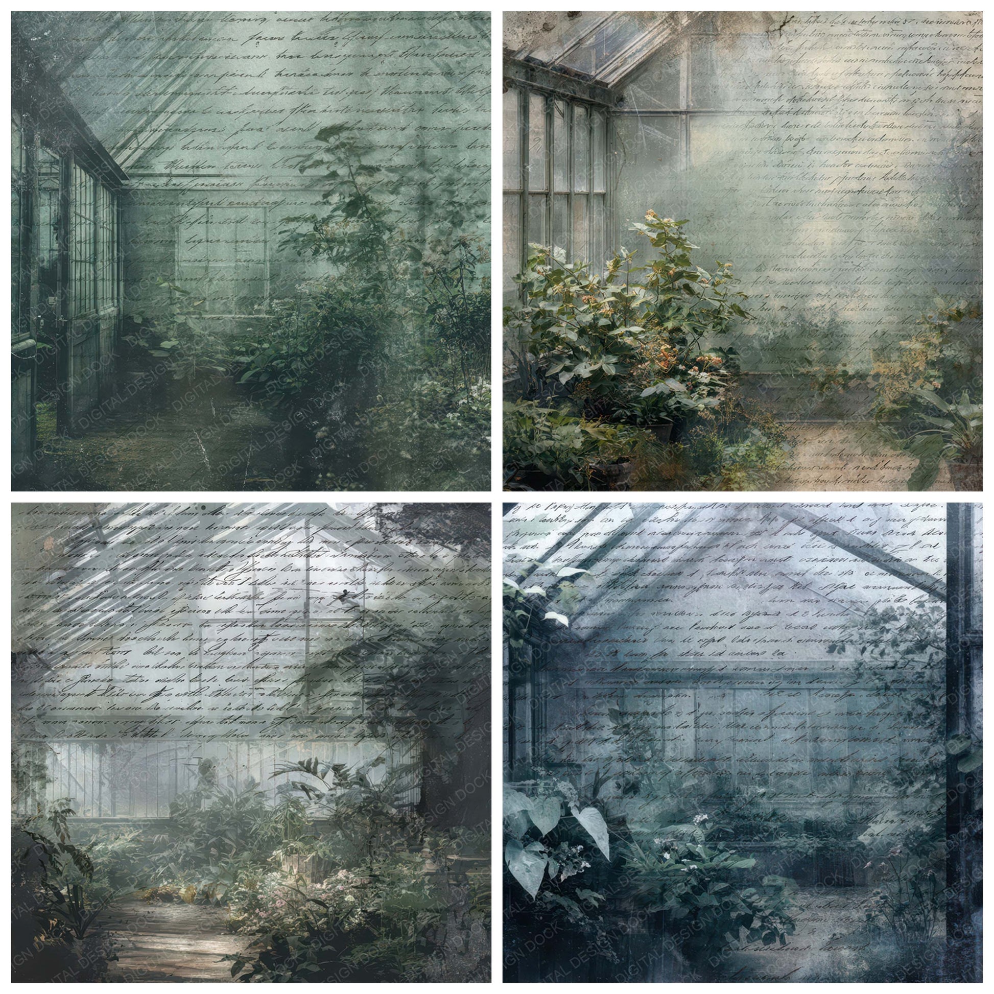 Close view of Old Abandoned Greenhouse Night Scene background papers highlighting collage composition and cohesive colour tones